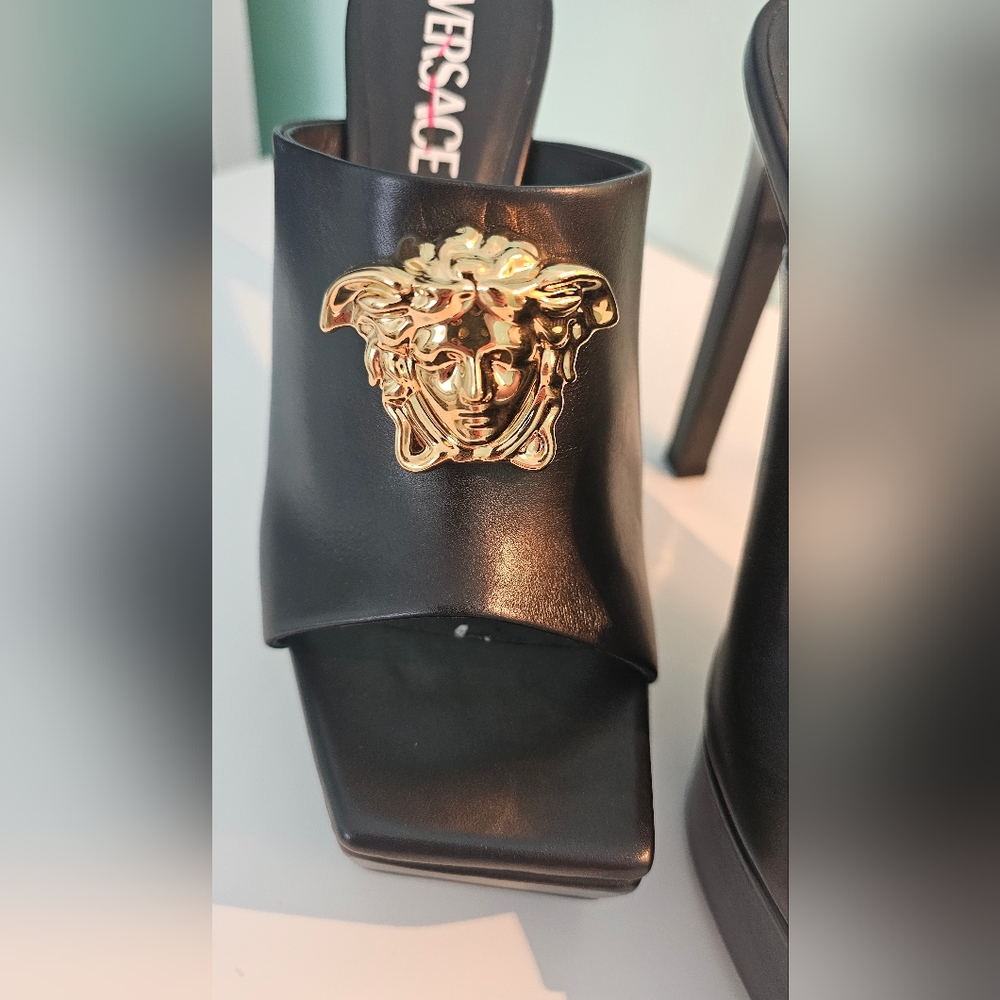 Versace La Medusa Gold 140MM Leather Platform Mules/Sandal Black Size 38/5 - Picture 12 of 16
